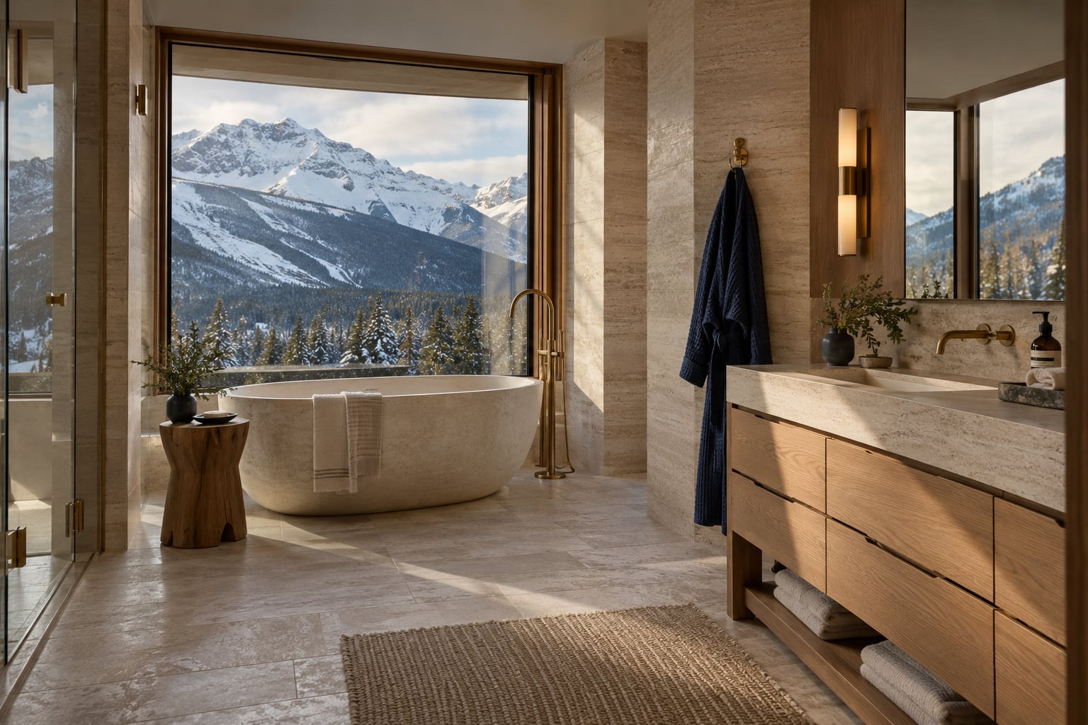 A bath you plan the afternoon around, in honed travertine and brass