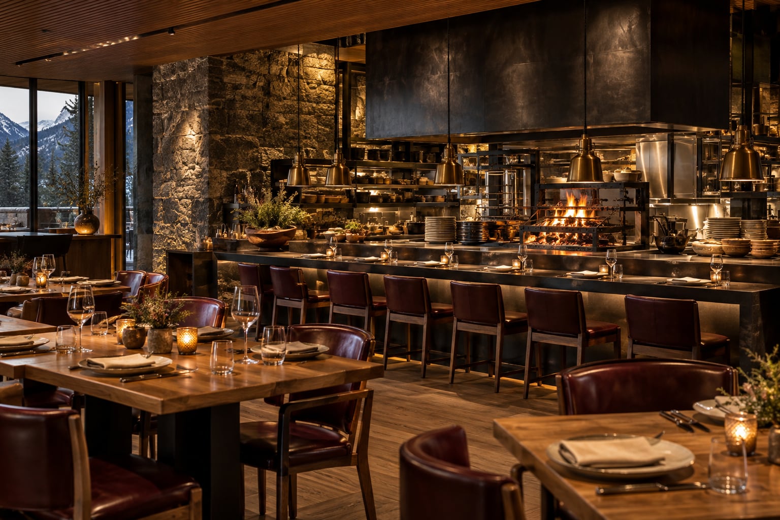 The open kitchen and grill at dinner