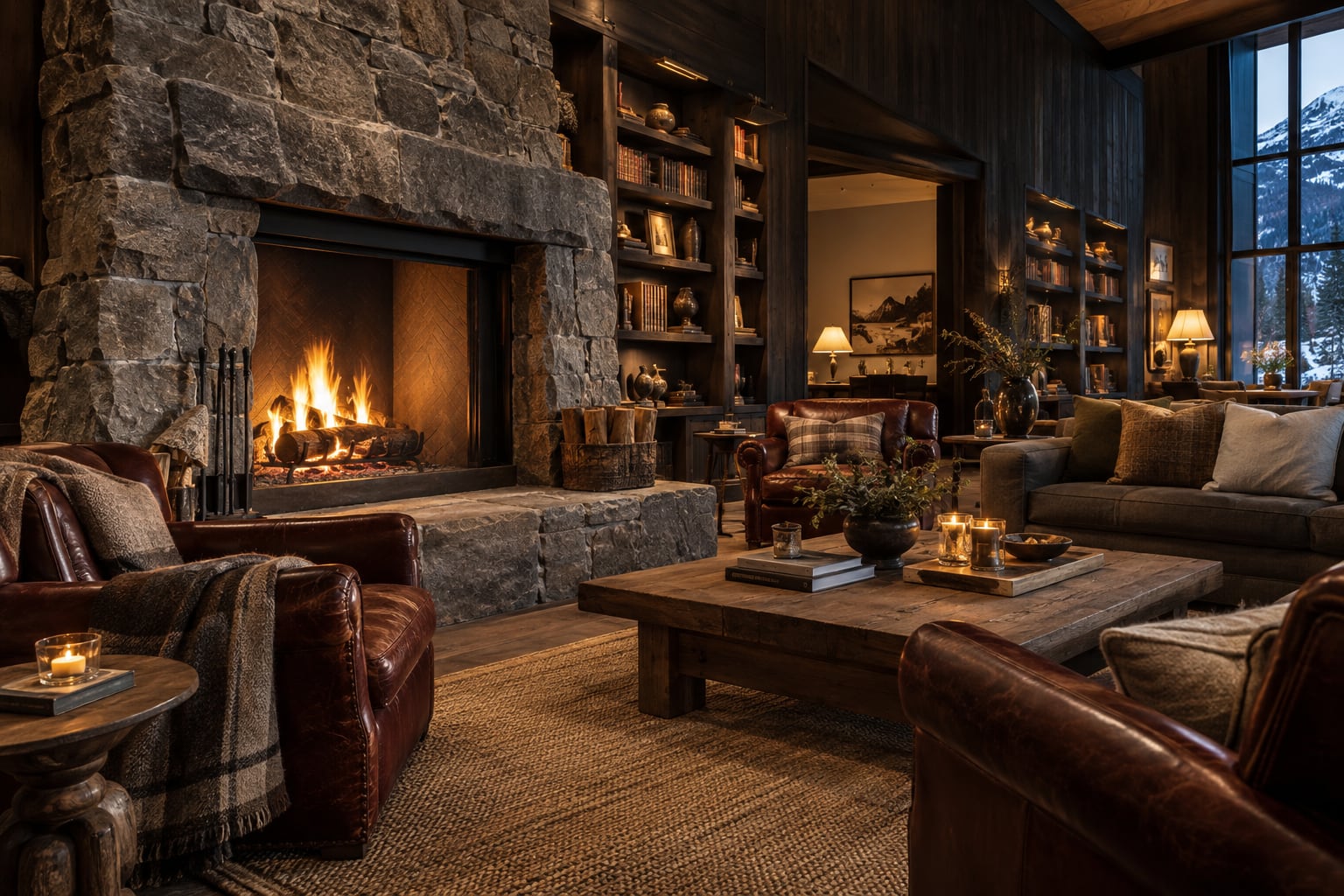The hearth room at The Edmund — stone fireplace, oxblood leather and oak