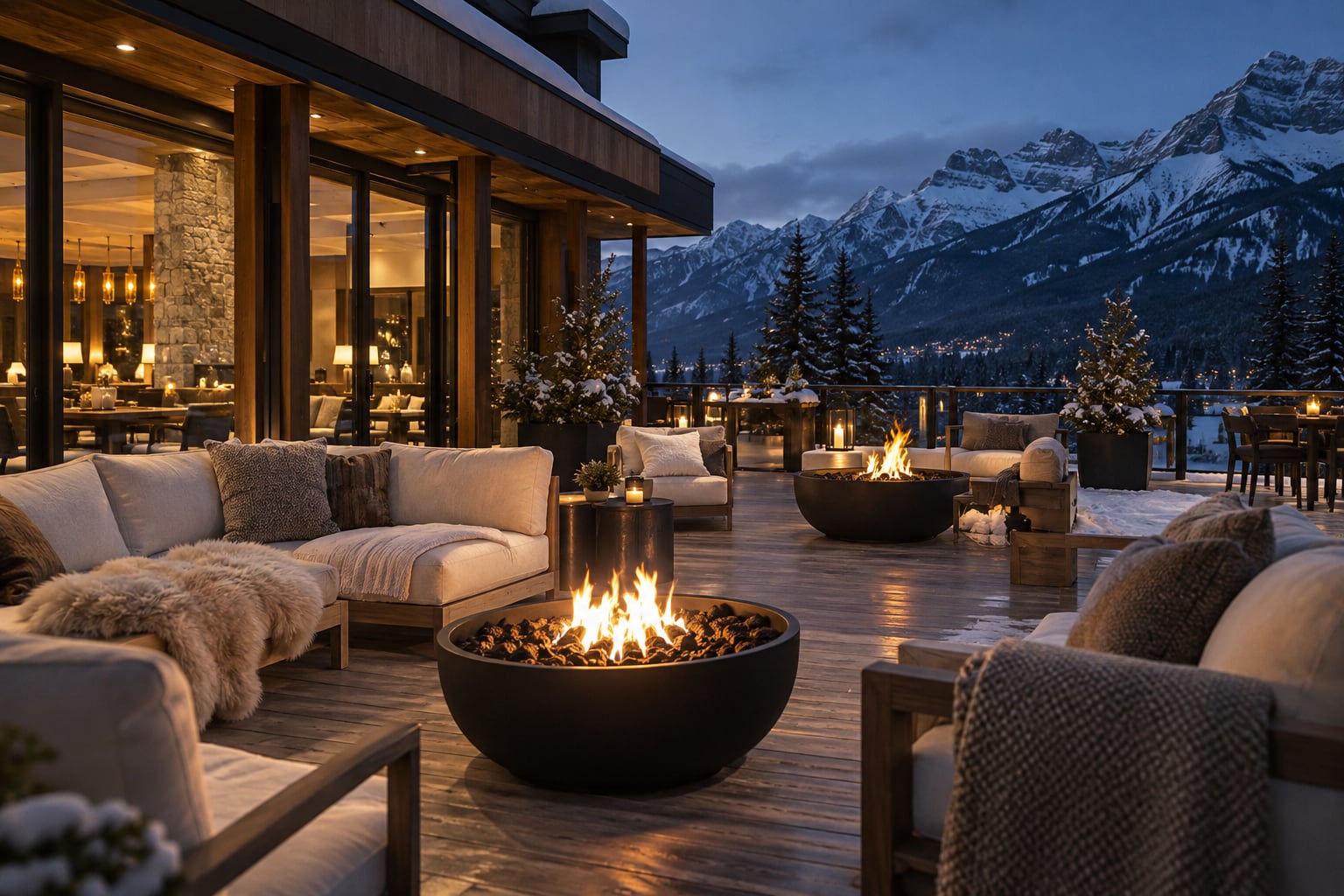 The terrace at dusk, with fire bowls and the ridge beyond