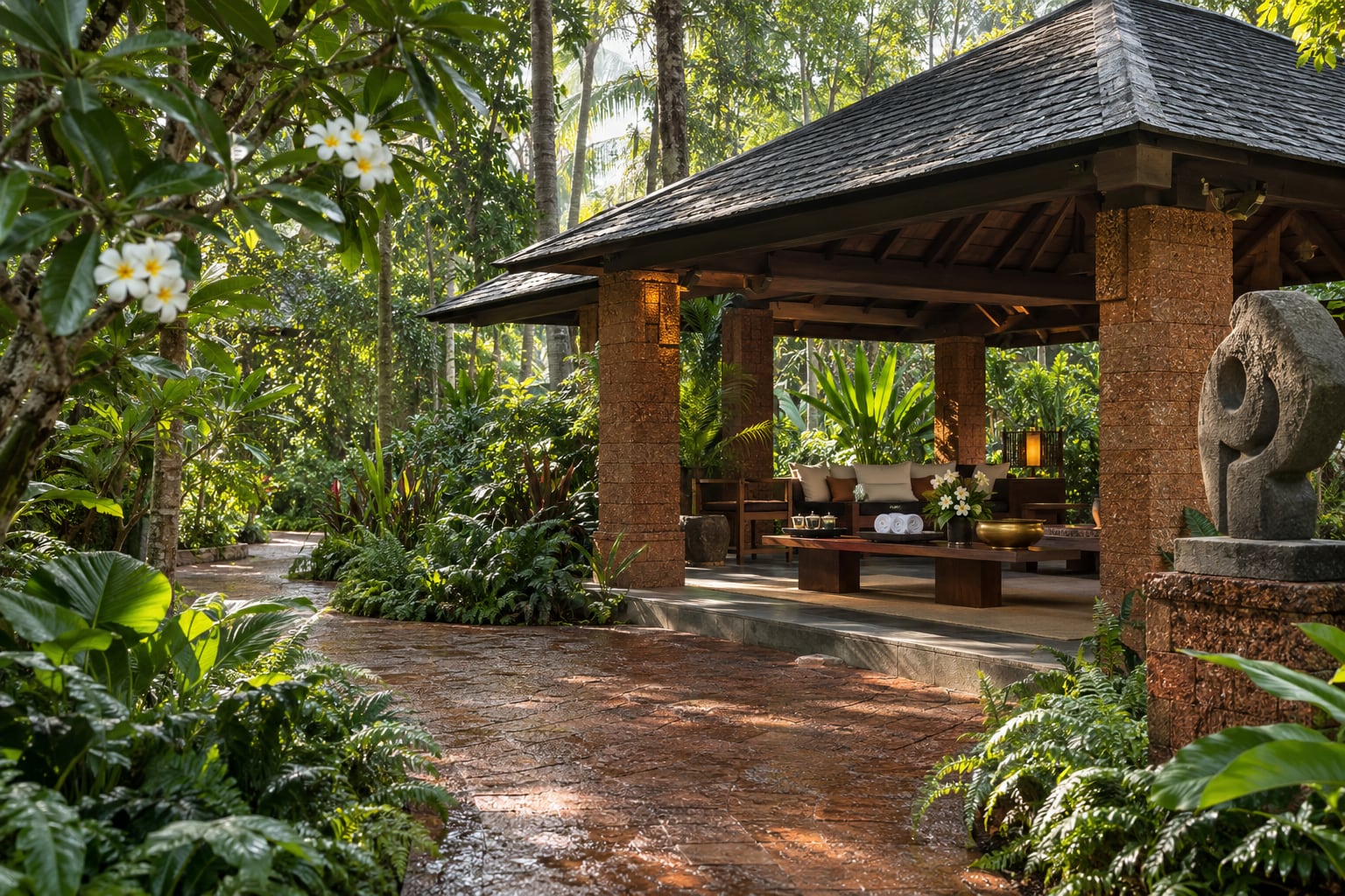 A sheltered arrival pavilion set in deep planting