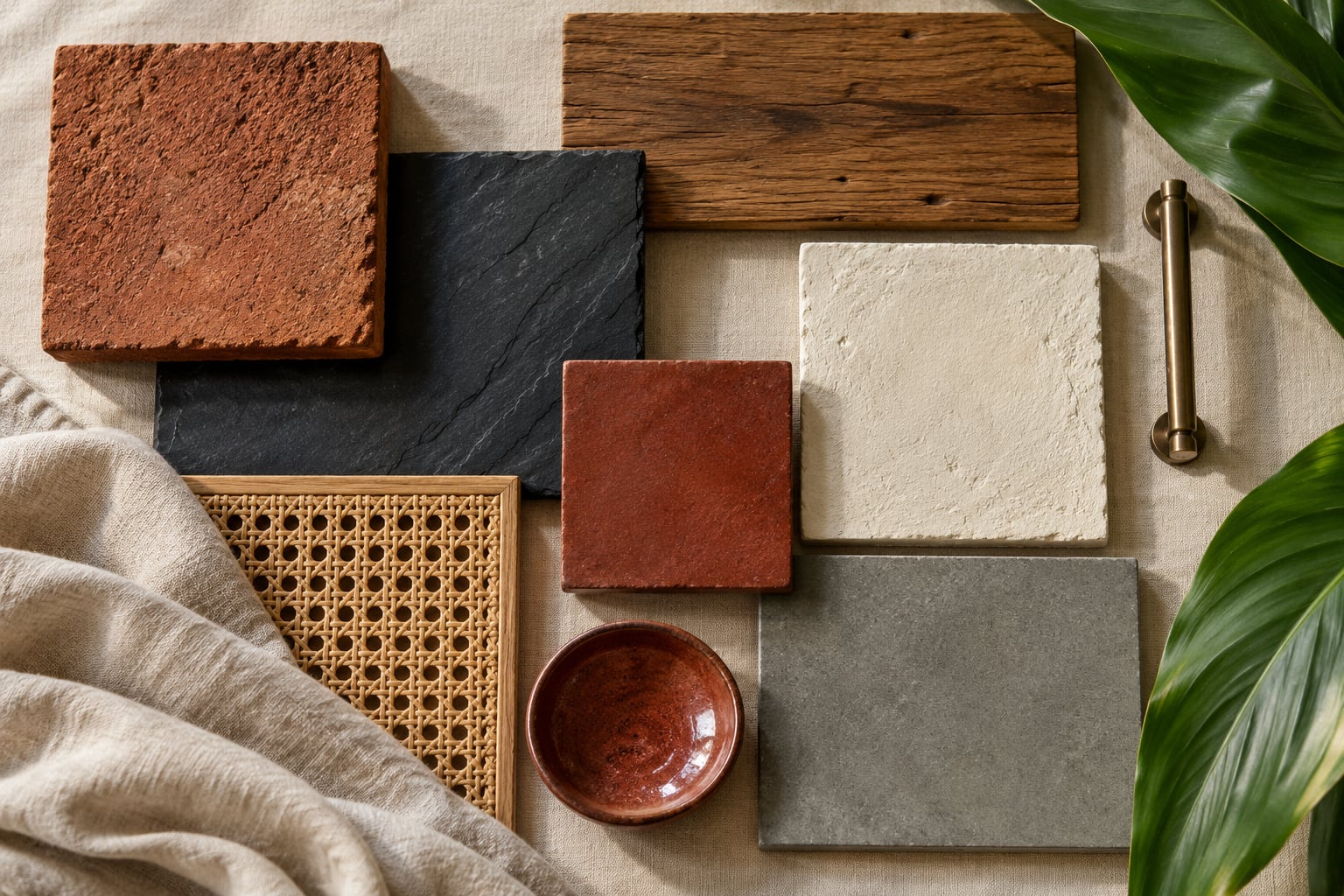 The material palette — wire-cut brick, black slate, lime plaster, teak and raw linen