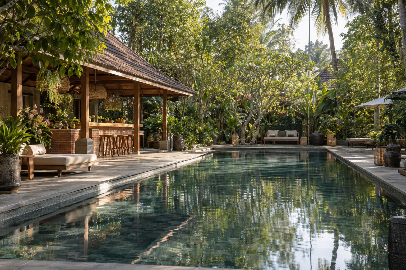 A garden pool at a Riritana resort residence, shaded by palms