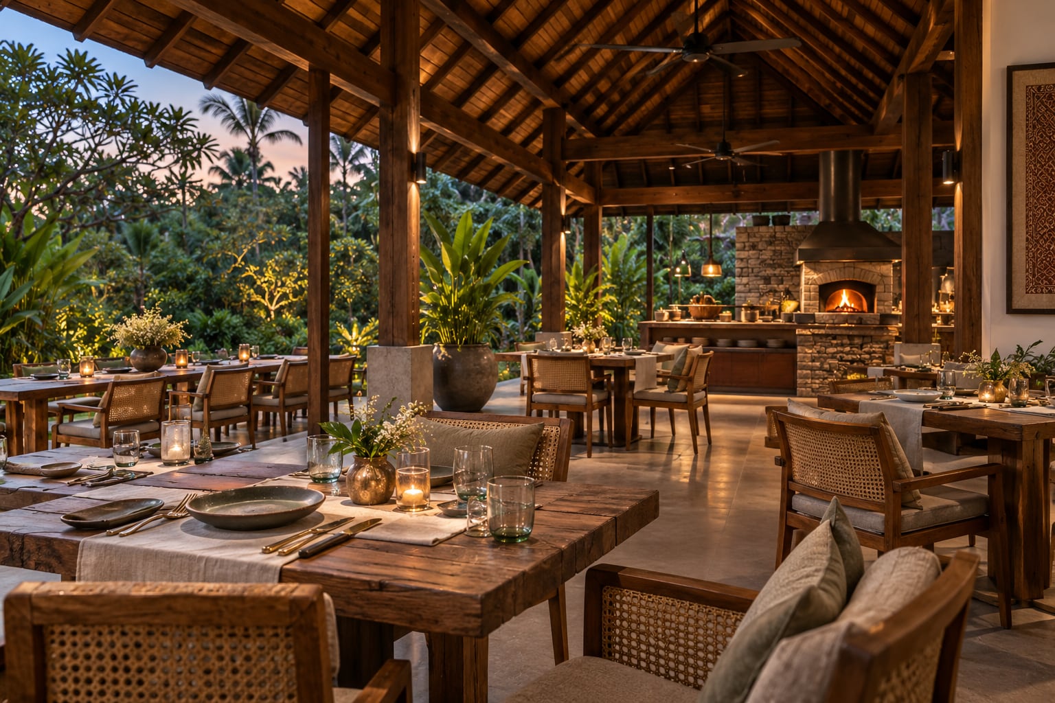 An open restaurant pavilion facing the garden