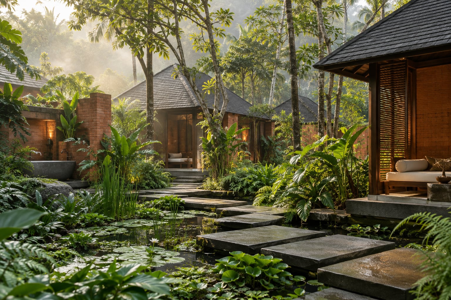 Treatment pavilions set among the planting