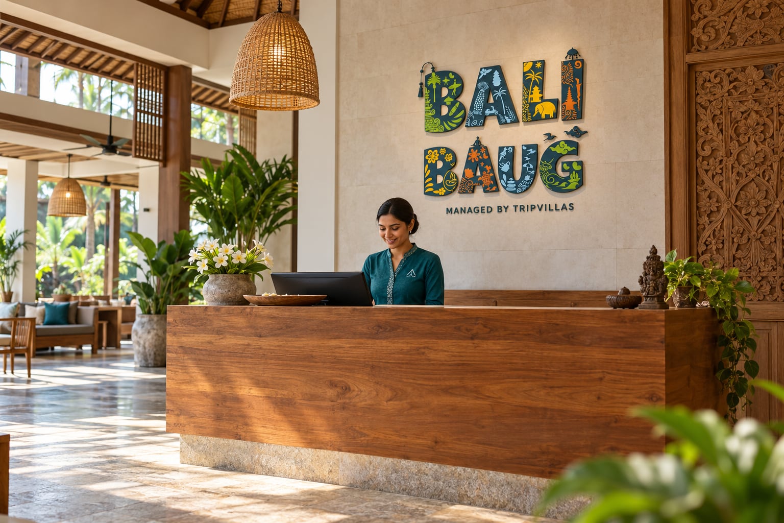 The reception desk at Balibaug, managed by Tripvillas