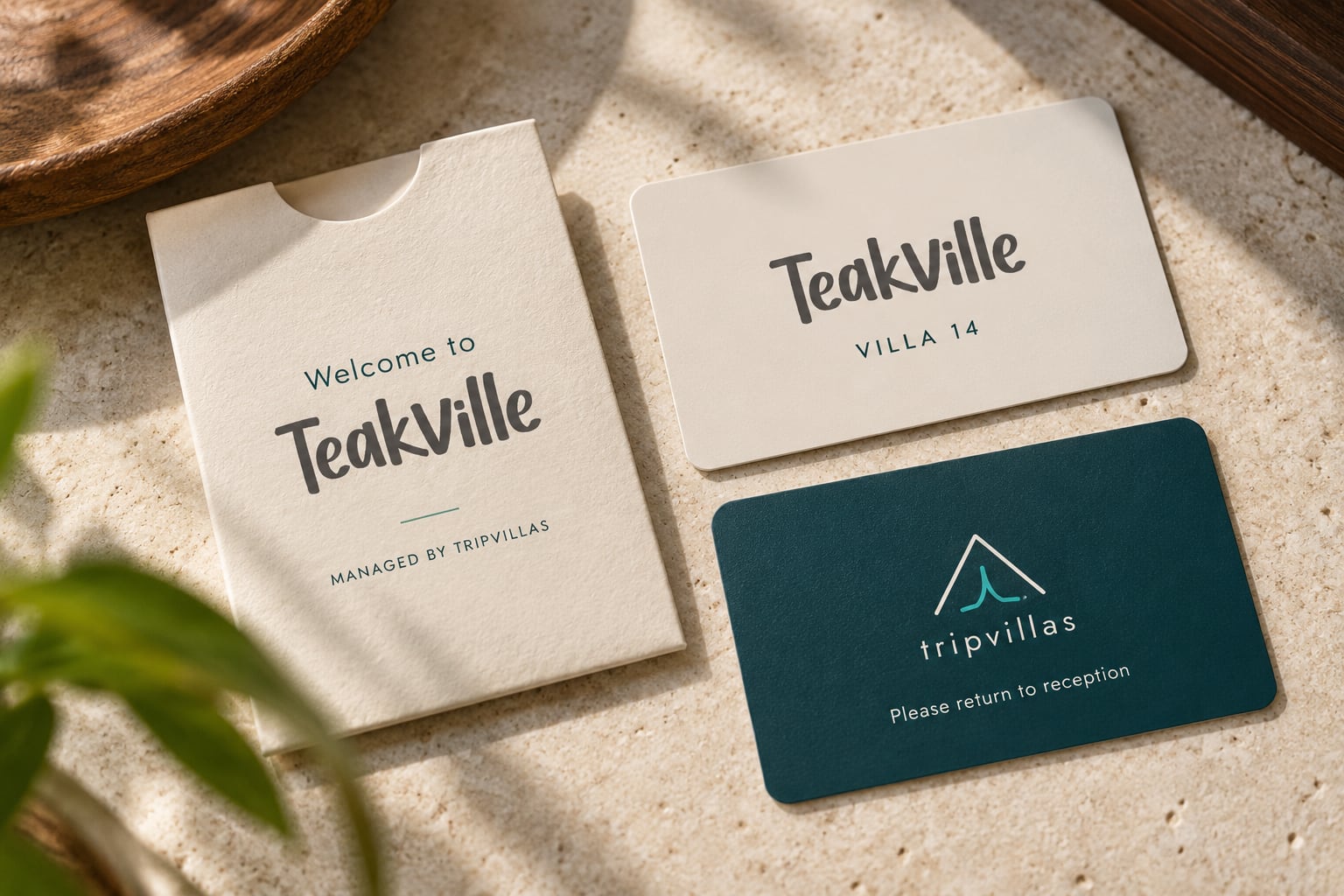 Welcome cards and key fobs carrying the property name