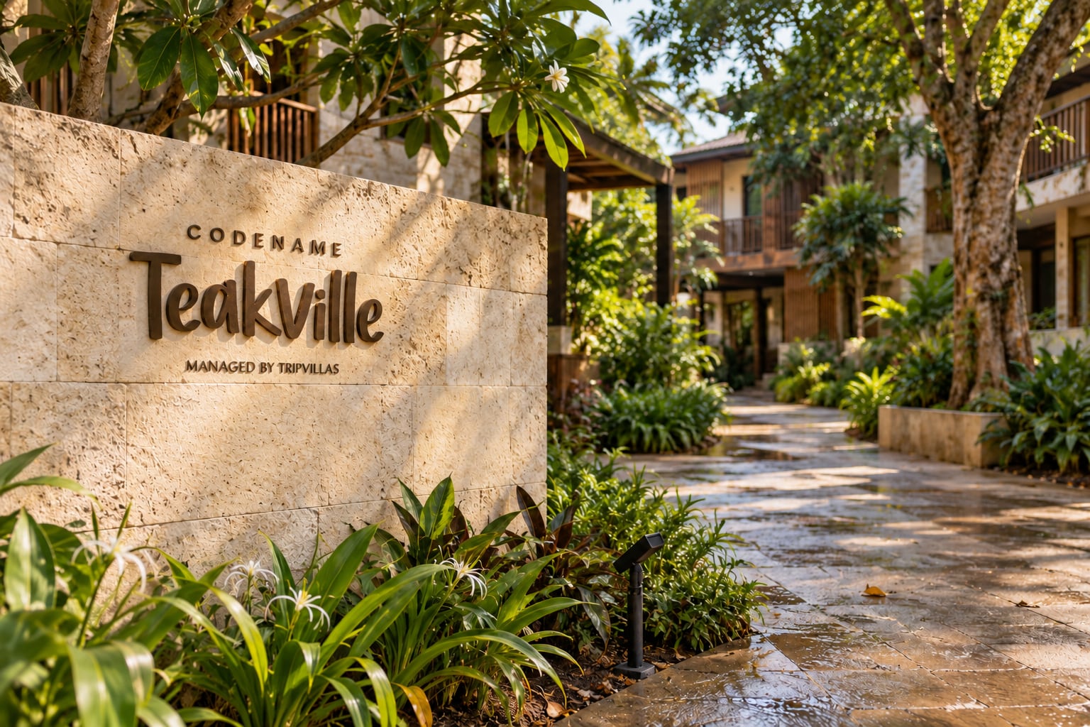 A community entrance sign reading Teakville, managed by Tripvillas
