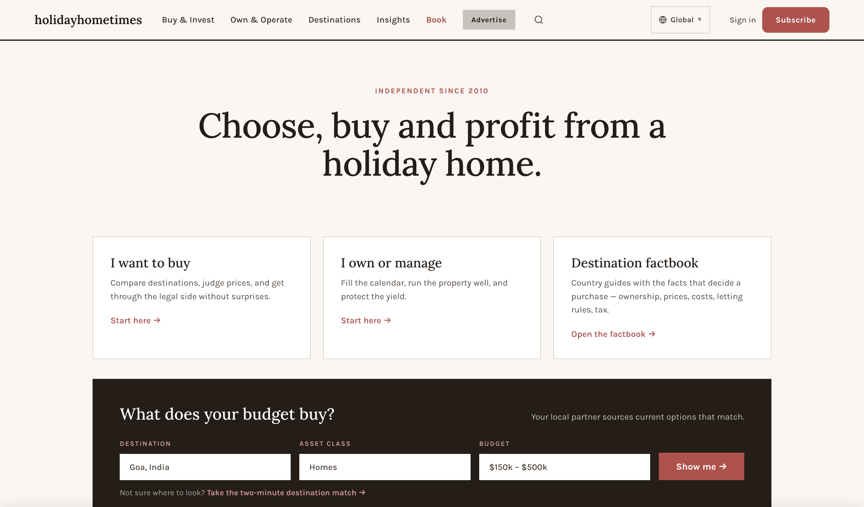 The Holiday Home Times homepage — independent since 2010