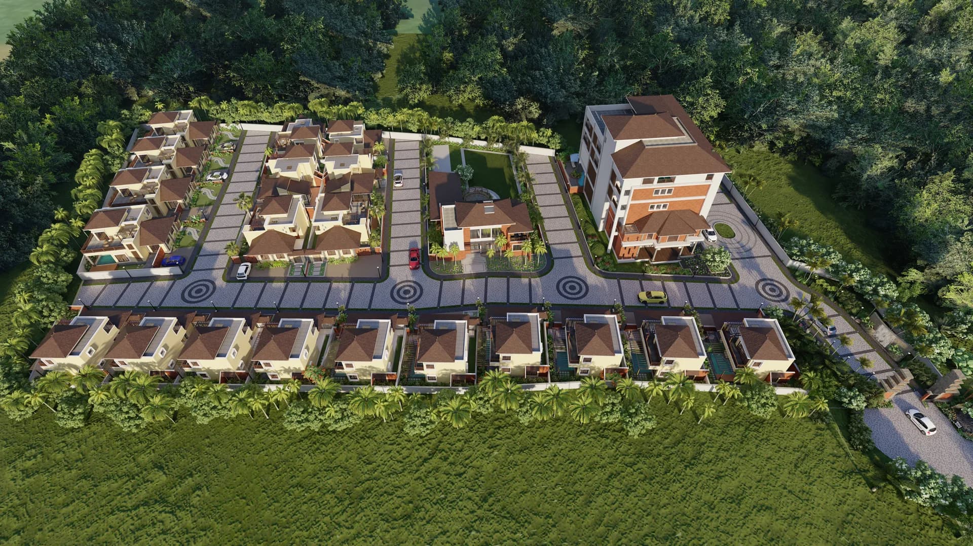 An aerial view of Balibaug — villas, clubhouse and landscaped roads at Alibaug